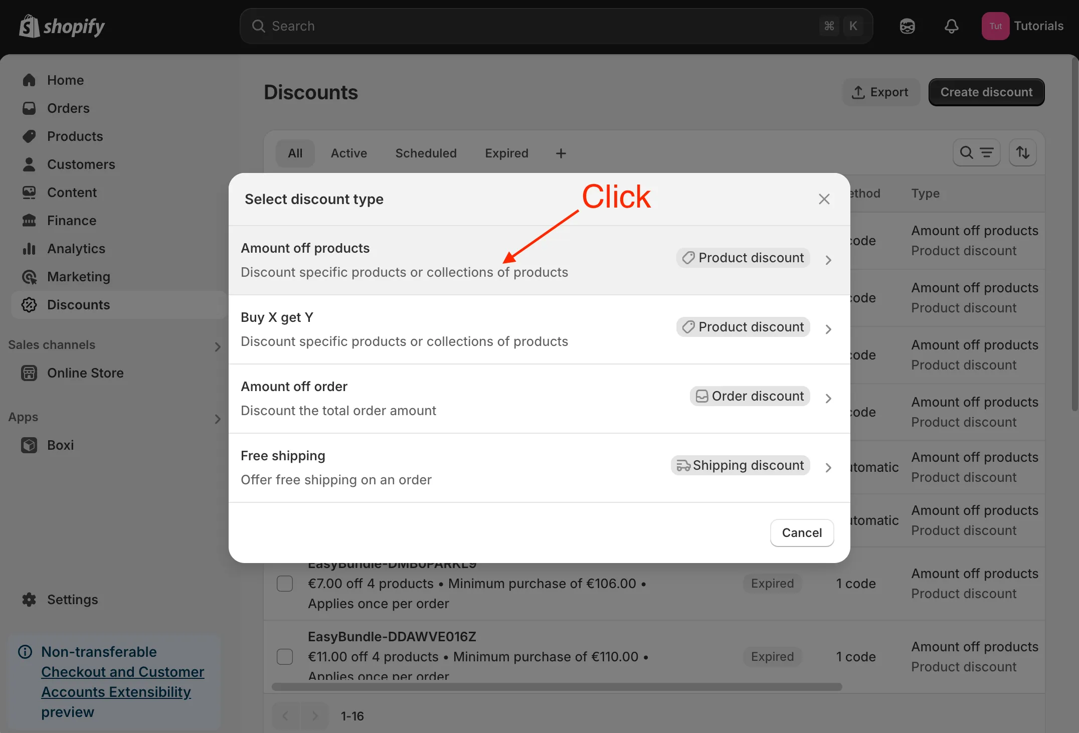 Shopify admin discounts list