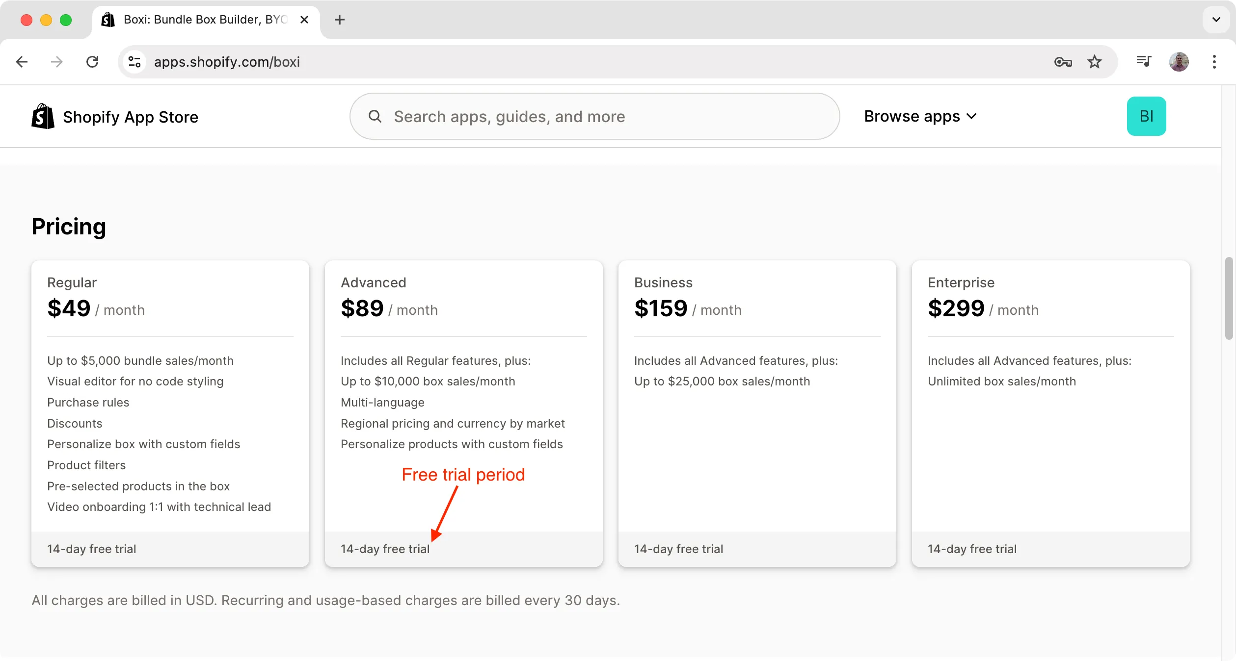Free trial of Shopify app