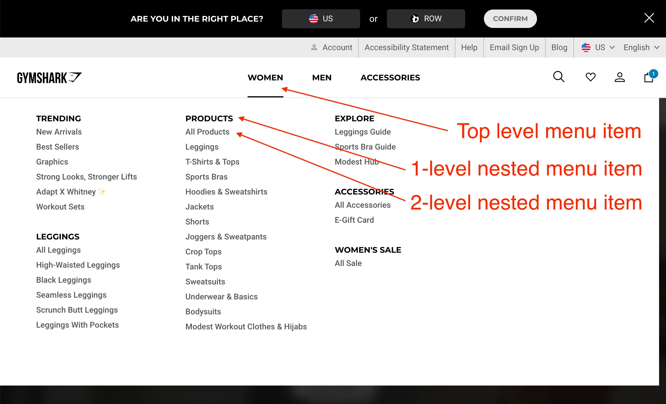 Gymshark store has 2-level nested menus