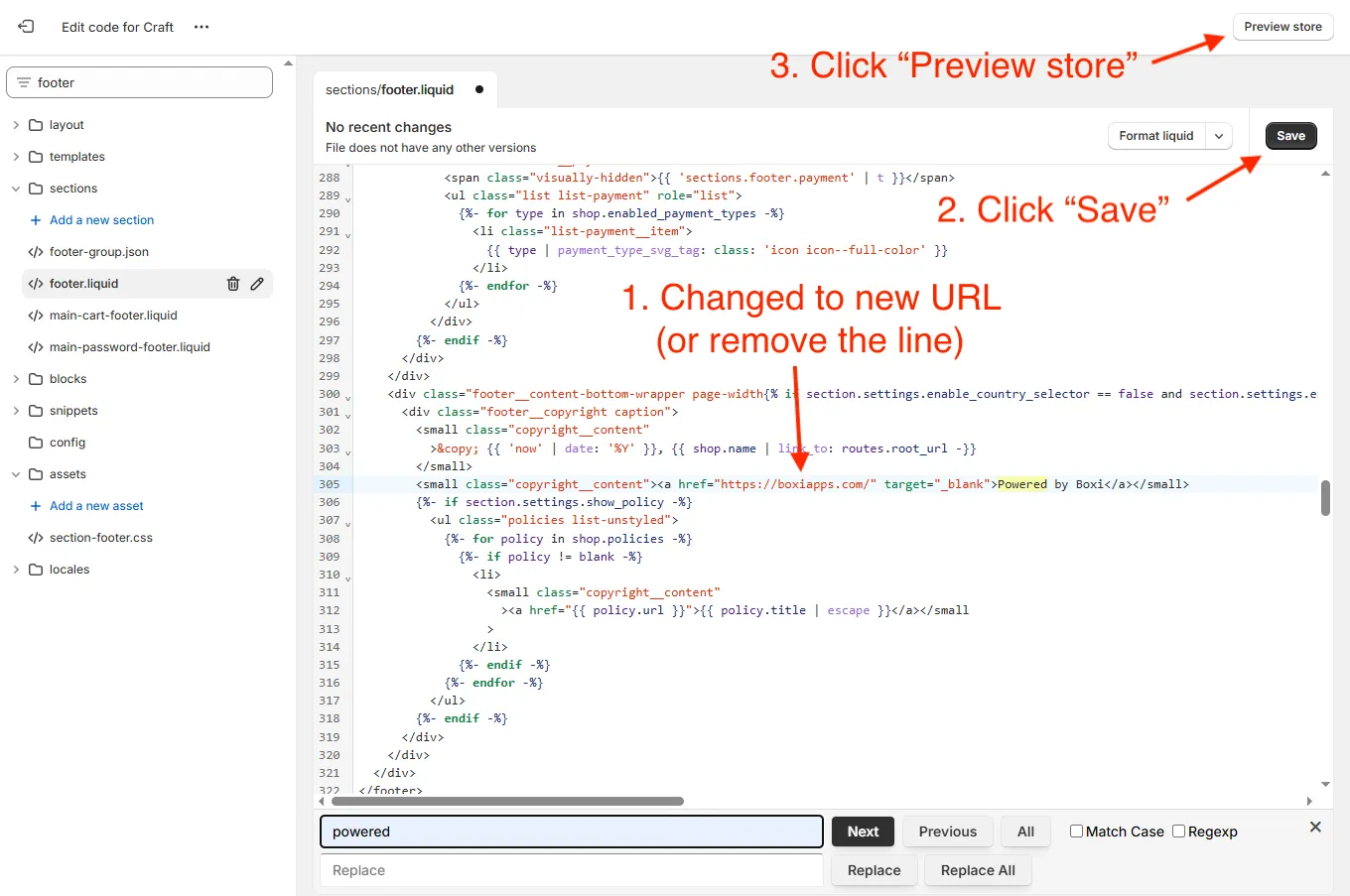 Shopify replace powered with custom link