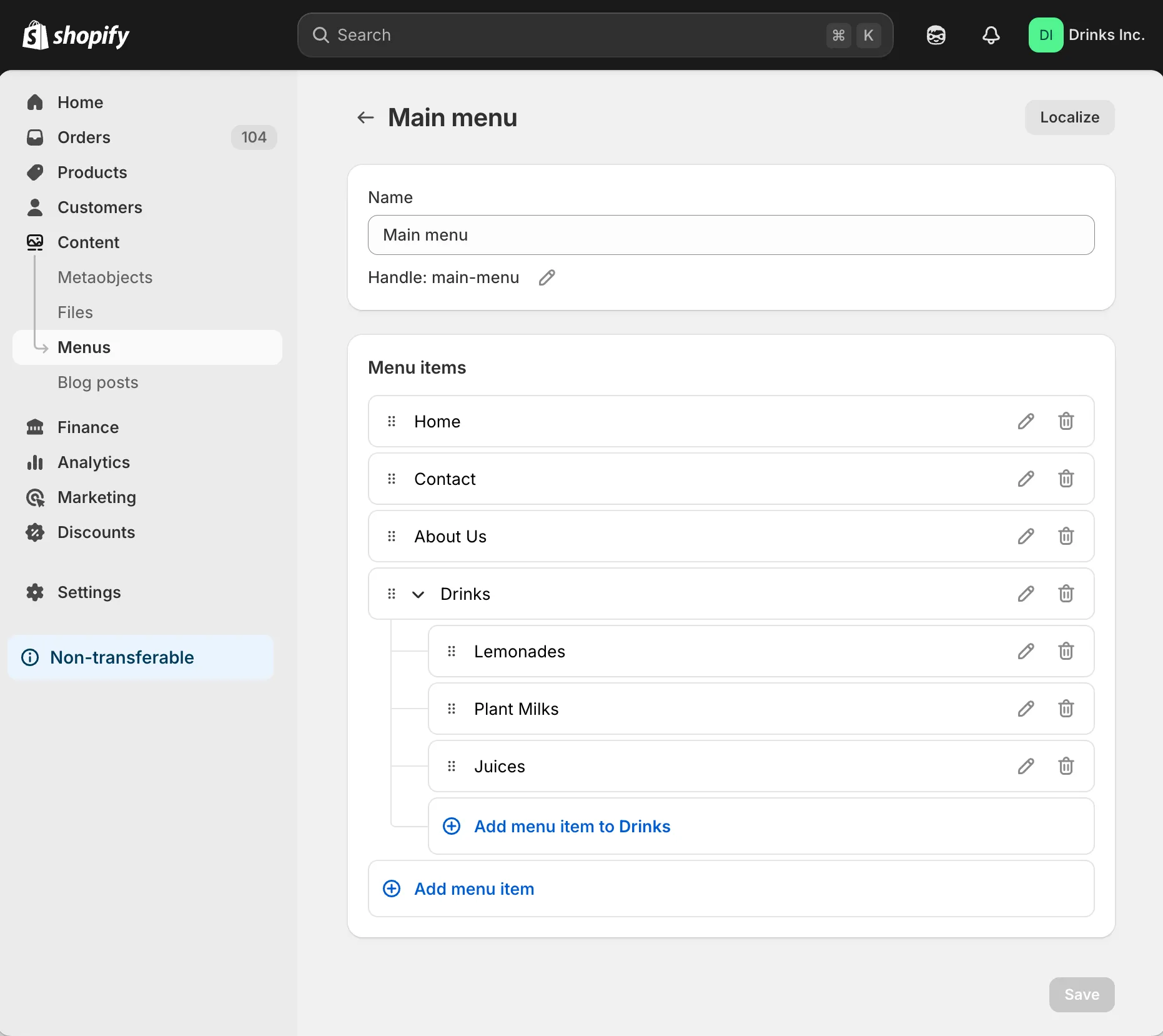 Shopify 1-level nested menu