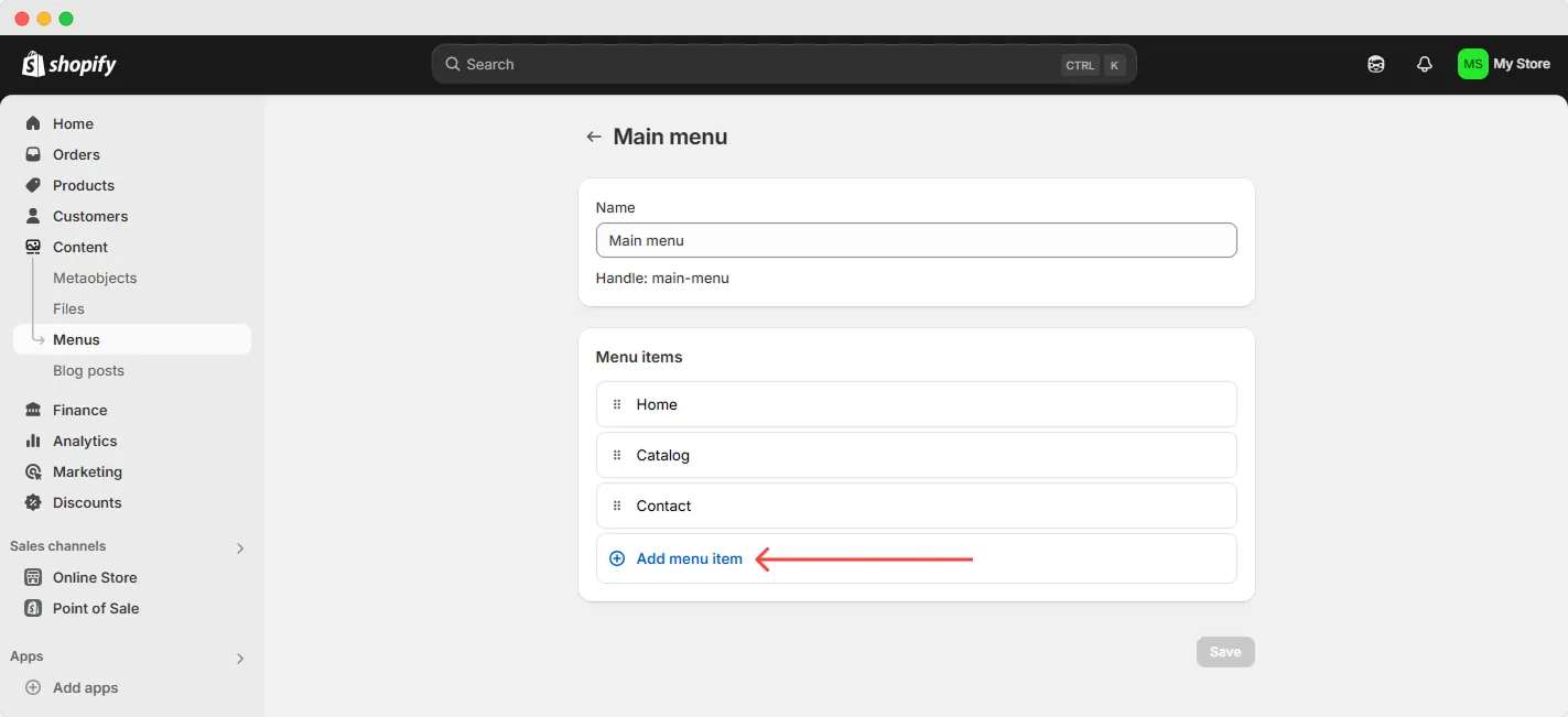 Shopify add menu item