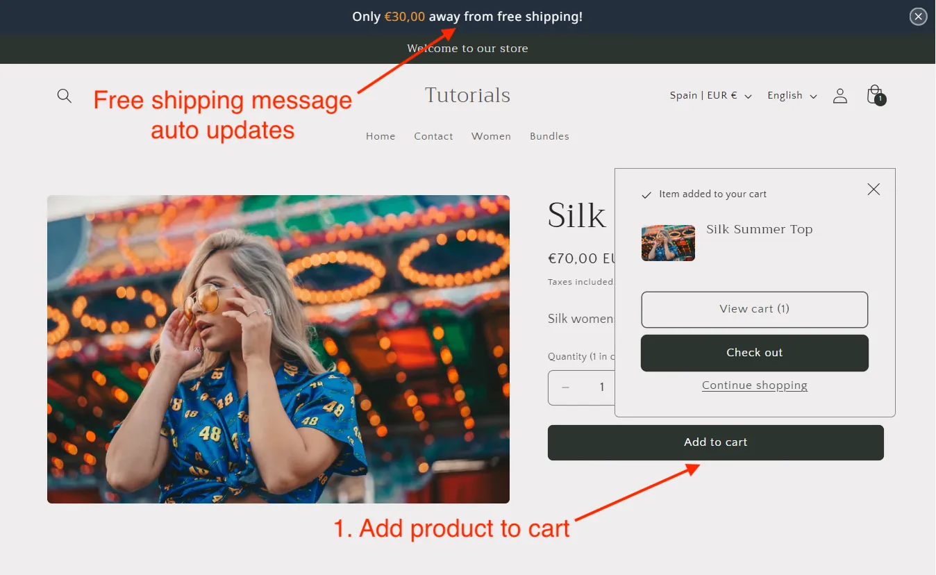 Shopify store free shipping bar progress