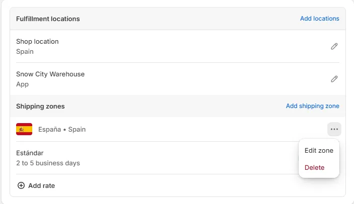 Shopify admin shipping zone
