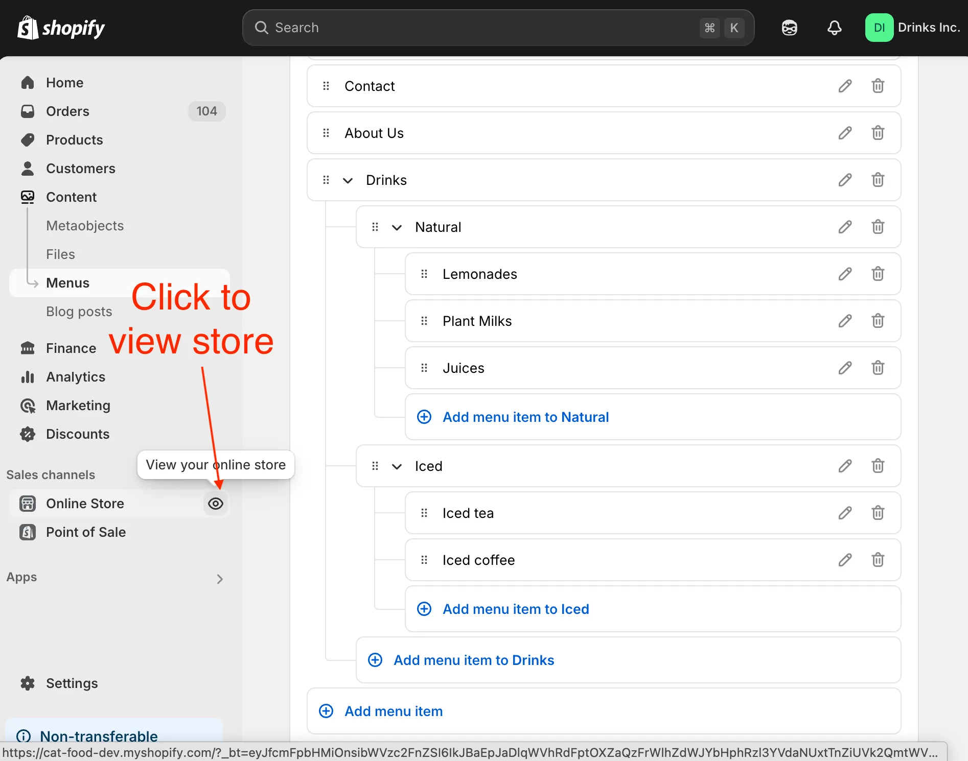 Shopify admin 2-level menu ready