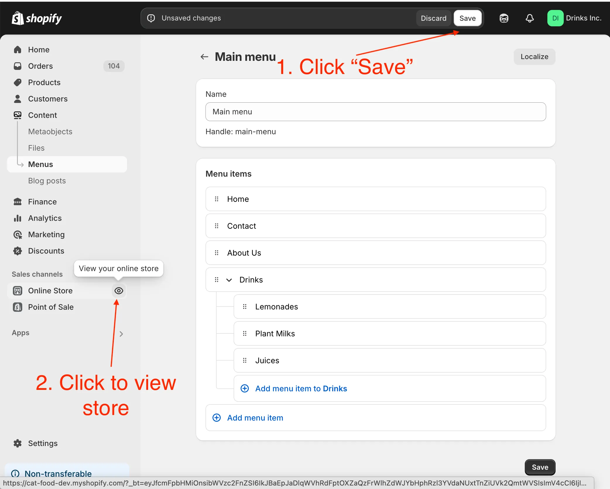 Shopify admin drop-down menu ready