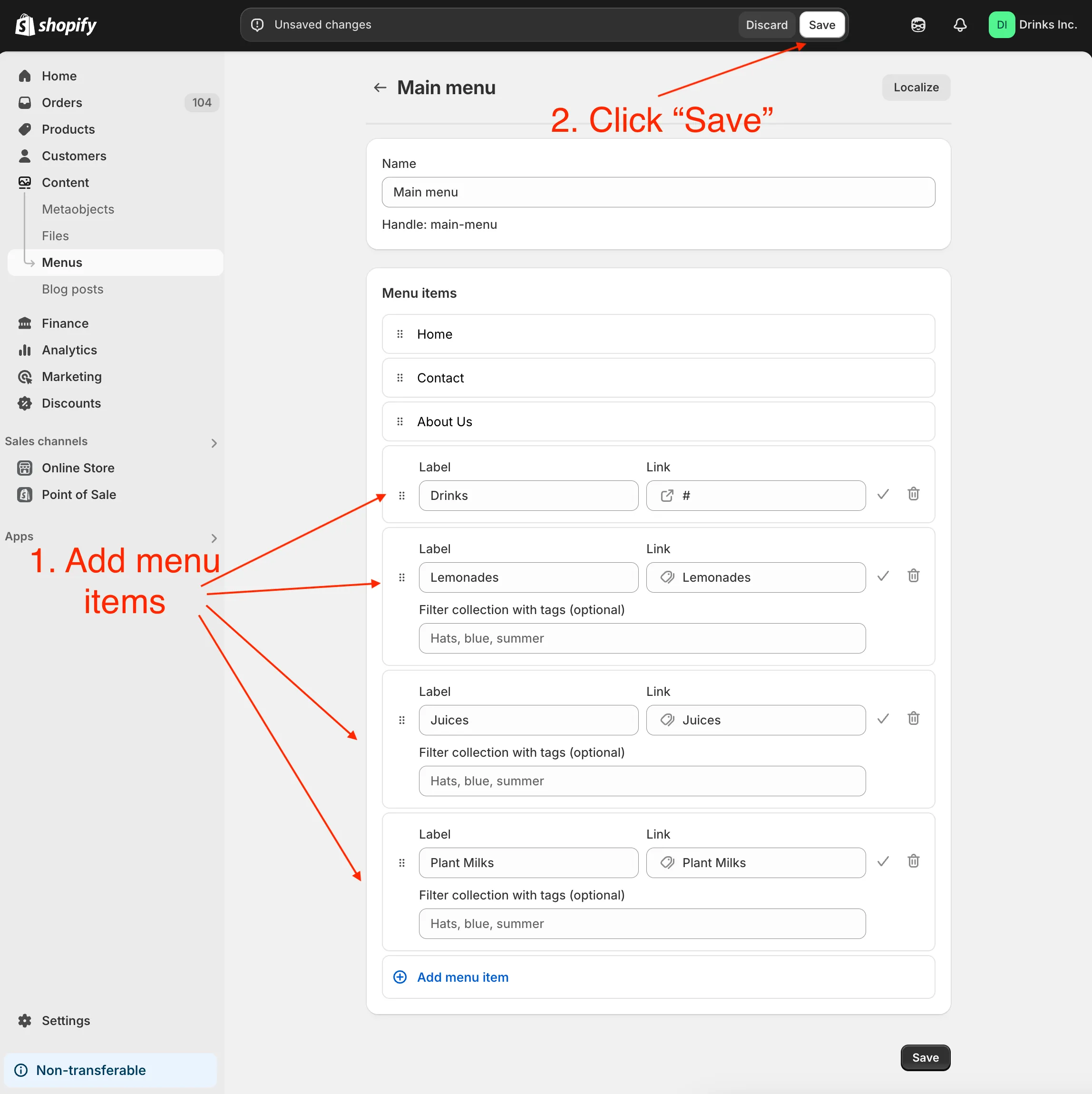 Shopify admin main menu form add links