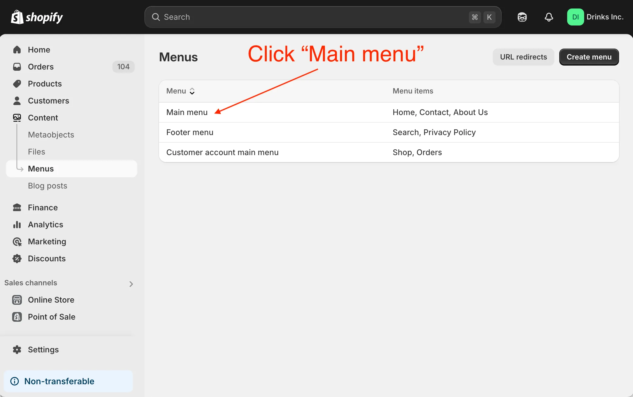 Shopify admin navigate to main menu