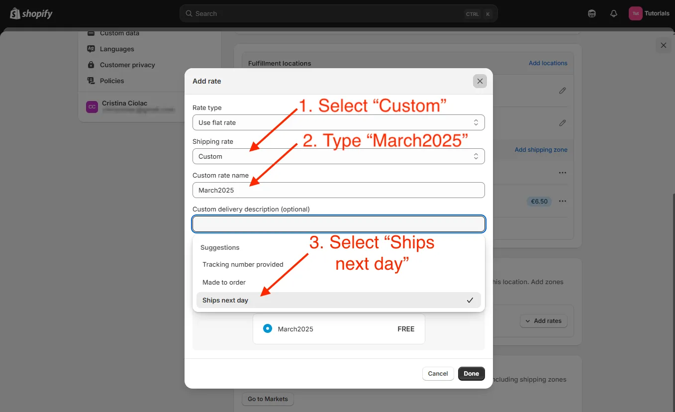 Shopify admin custom rate