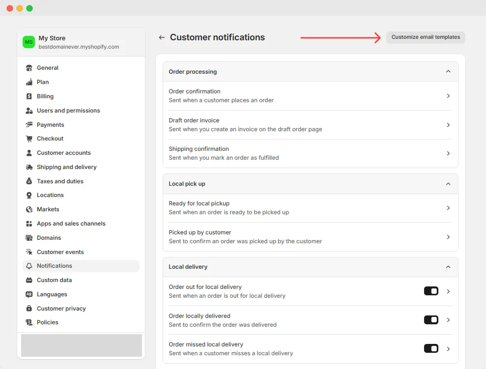 Shopify customize email templates