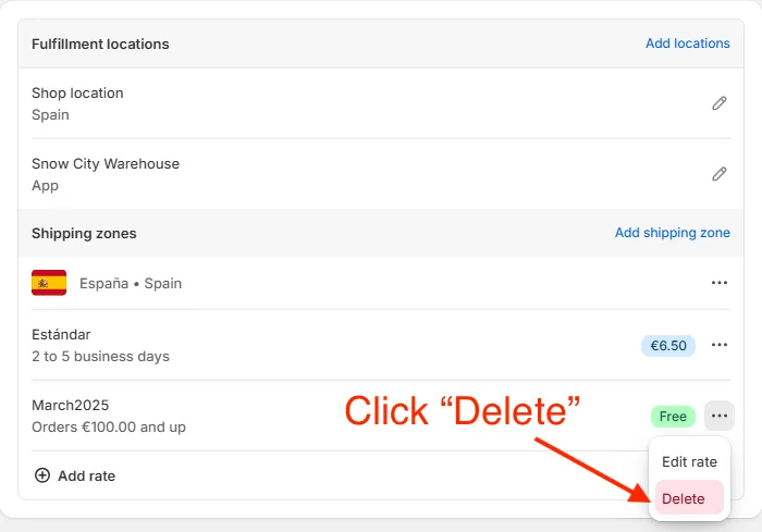 Shopify admin delete shipping