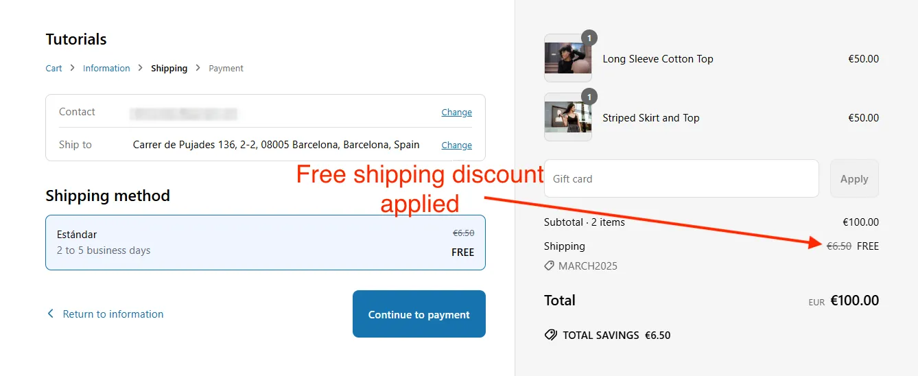 Shopify store checkout free shipping