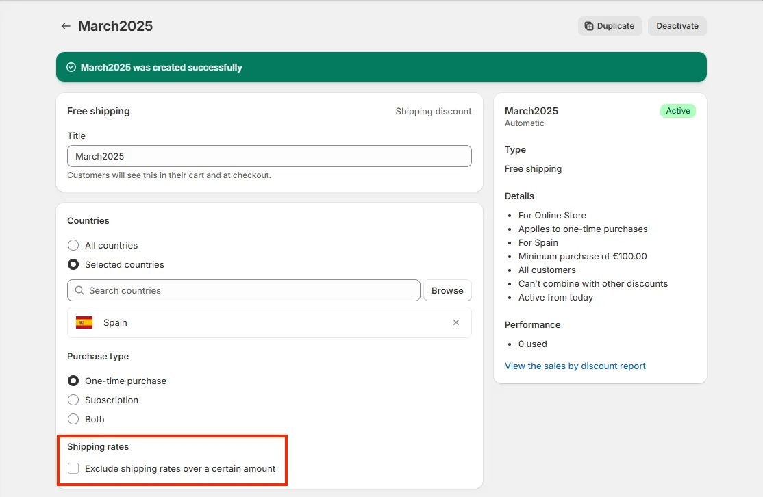 Shopify admin discount created