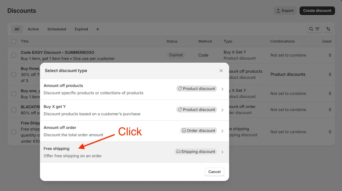 Shopify admin discount types