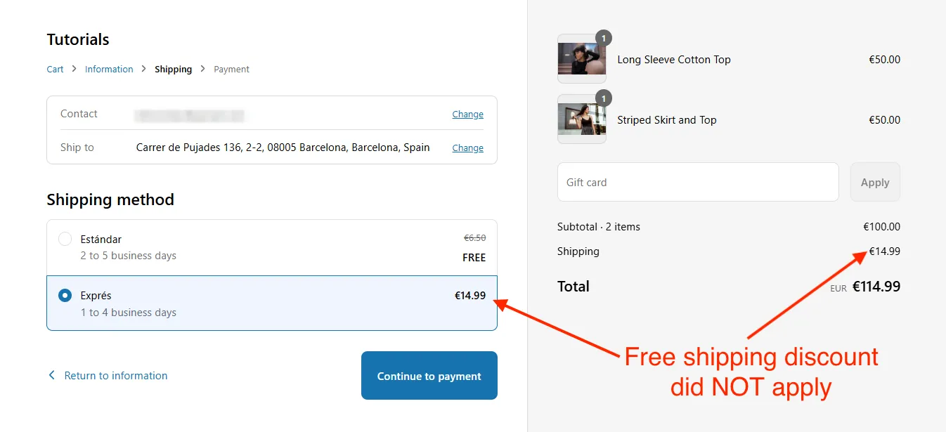 Shopify store checkout free and paid shipping