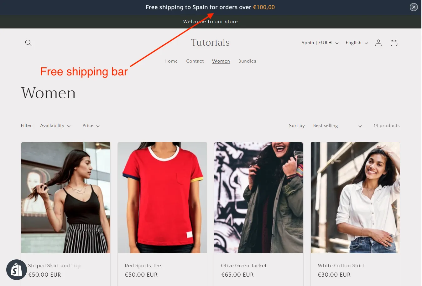 Shopify store free shipping bar