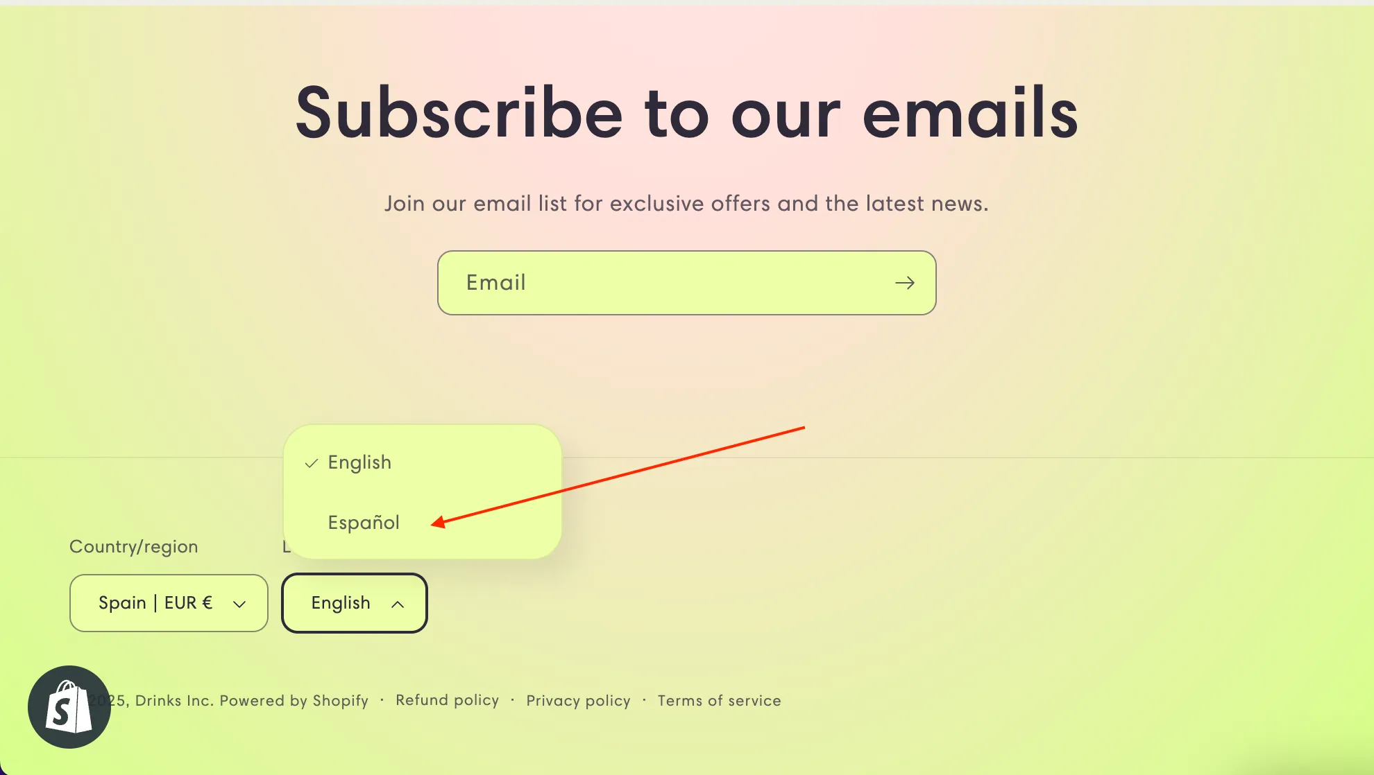 Shopify language switcher on the store footer