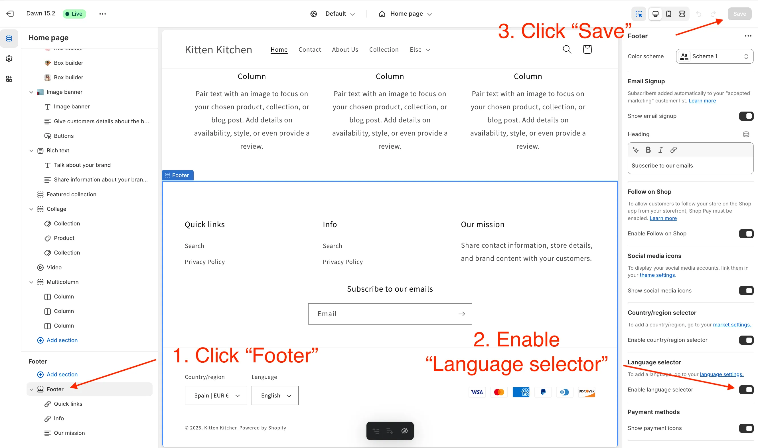 Shopify theme customization: enable language switcher in the footer