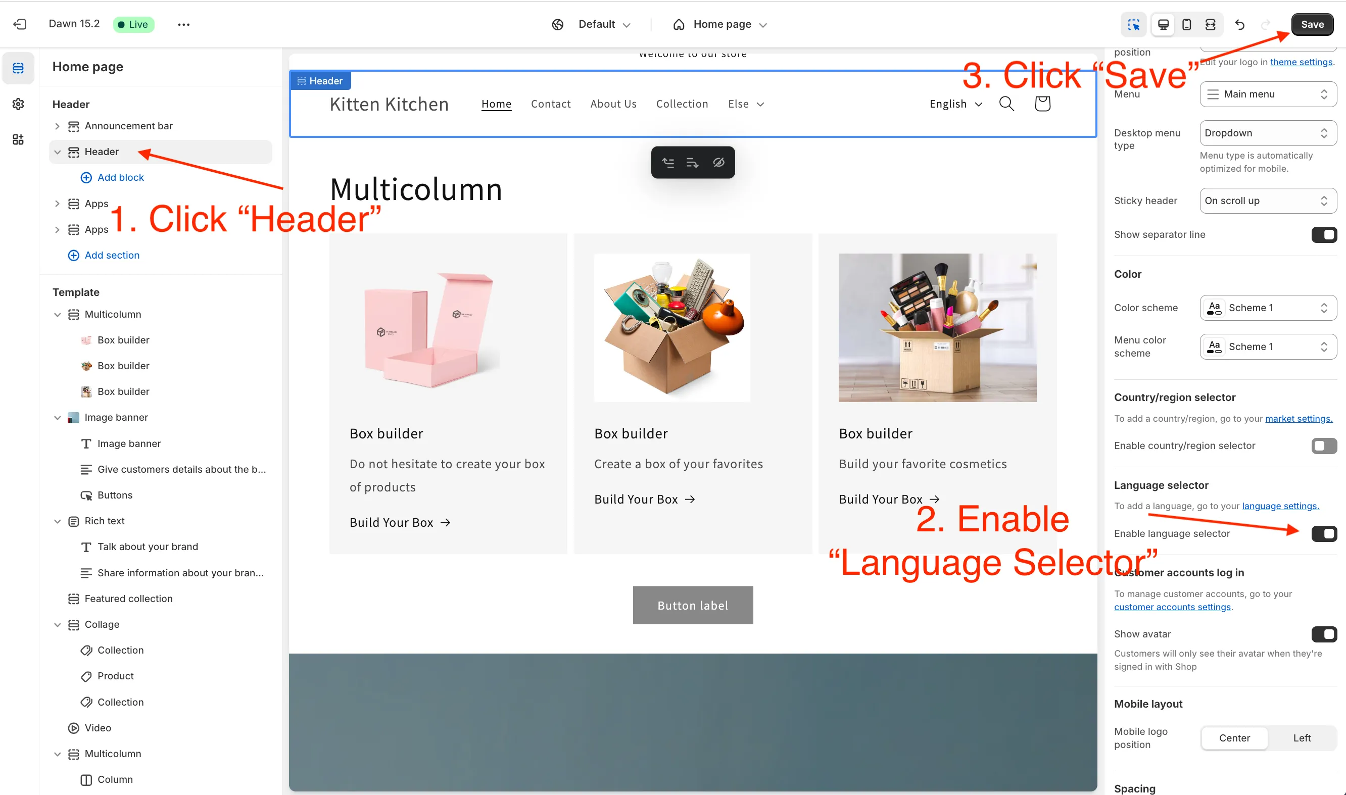 Shopify theme customization: enable language switcher in the header