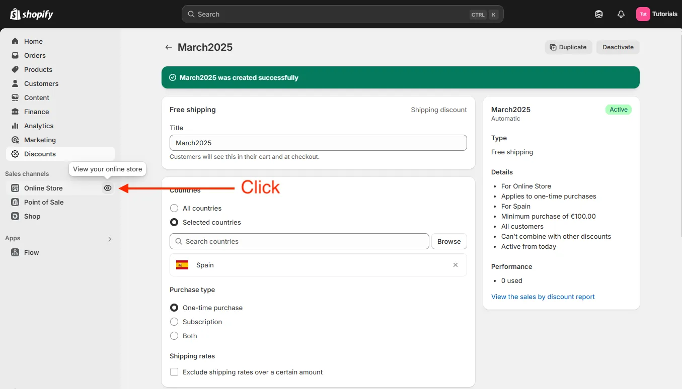 Shopify admin view online store