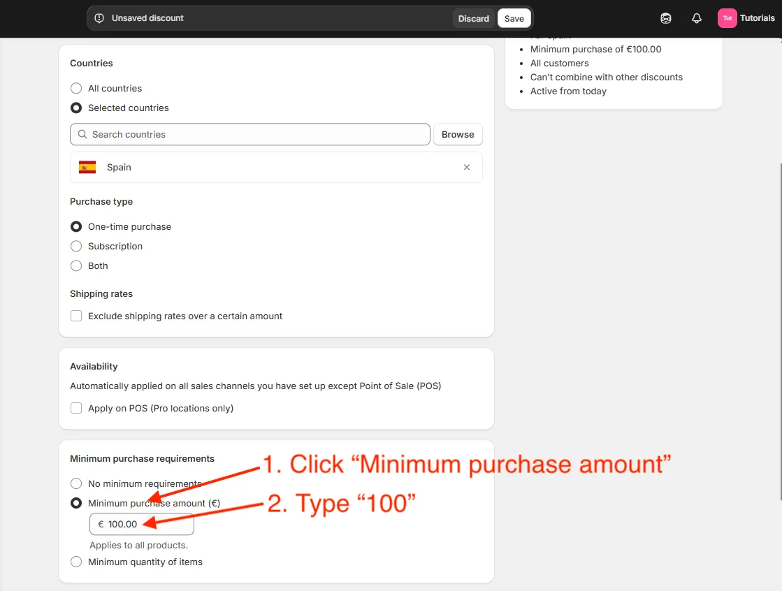 Shopify admin minimum purchase requirements