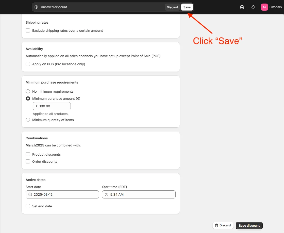 Shopify admin save discount
