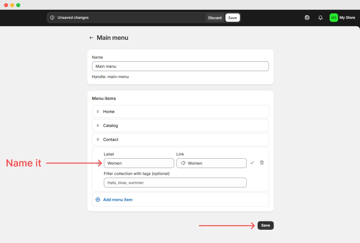 Shopify save collection in the menu