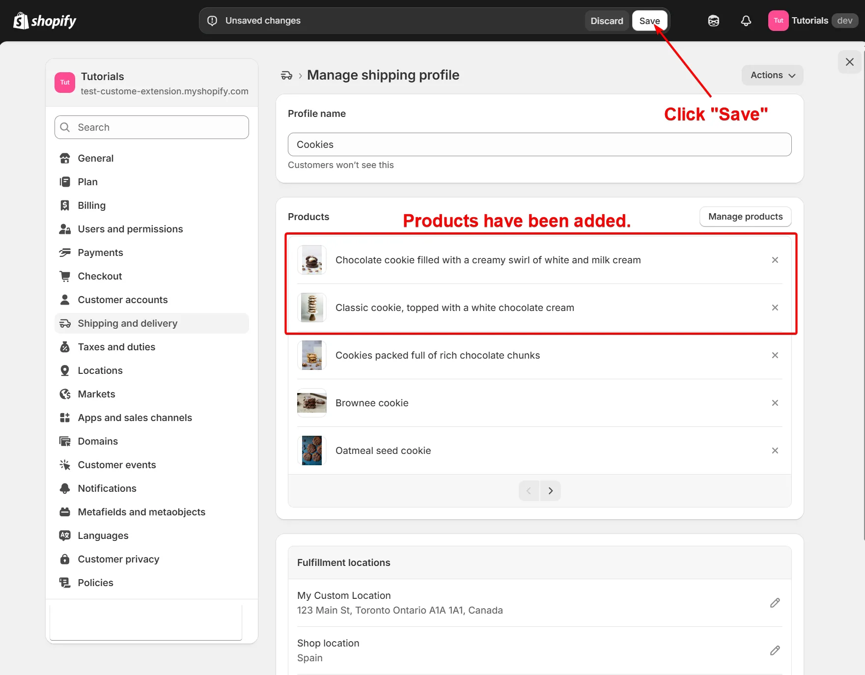 Shopify shipping profile save