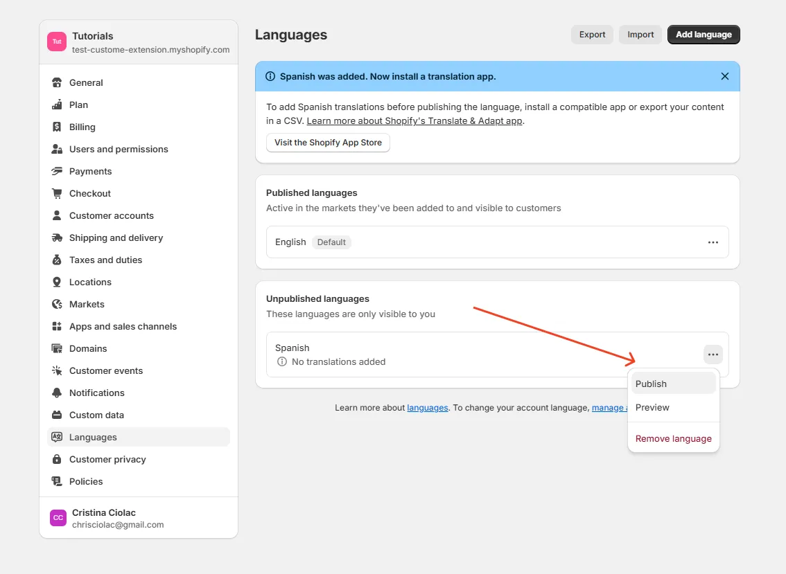 Shopify click on meny