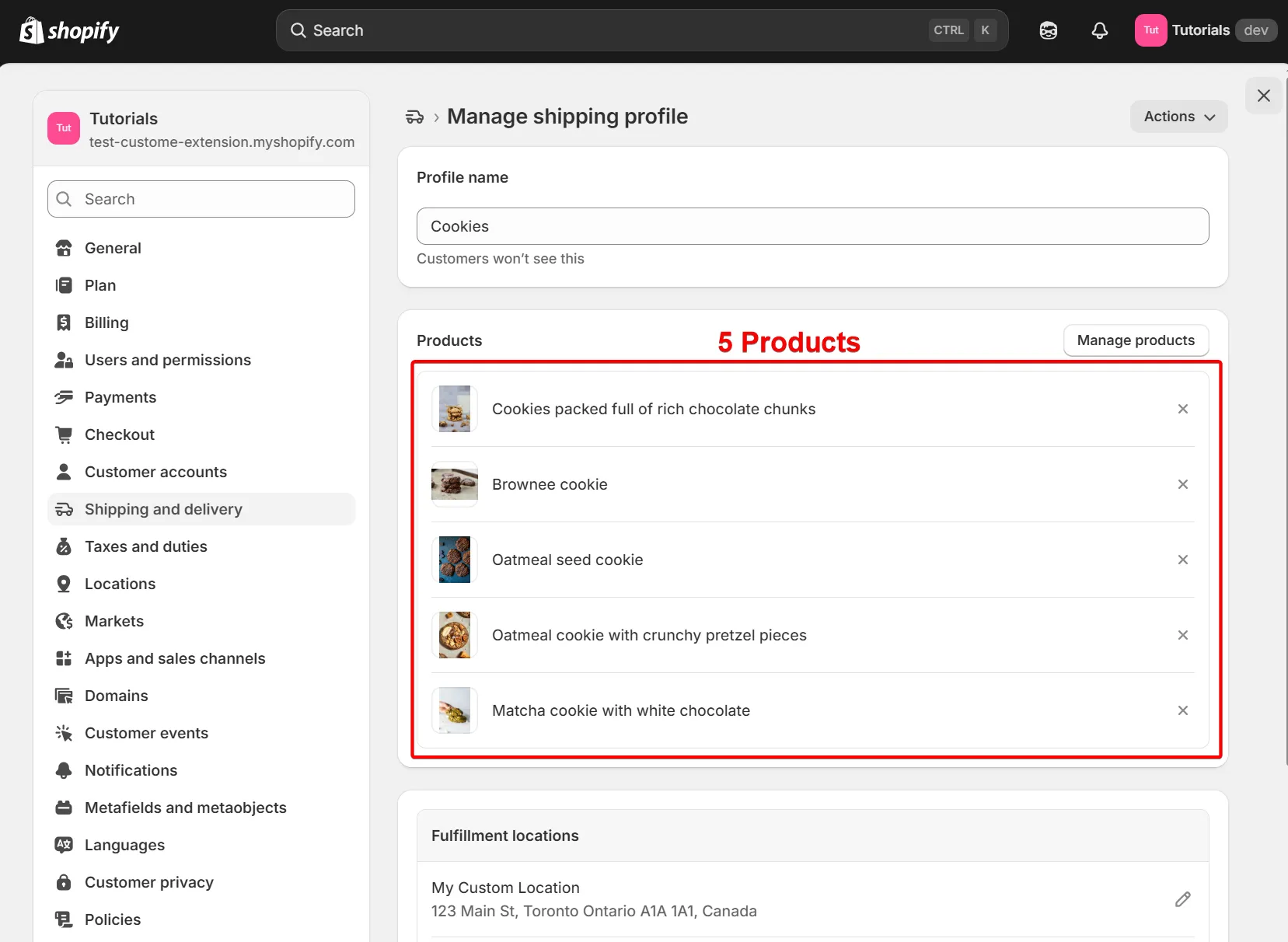 Shopify shipping profile