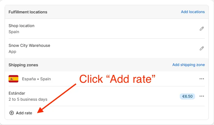 Shopify admin add shipping rate
