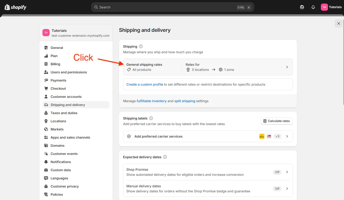 Shopify admin shipping and delivery