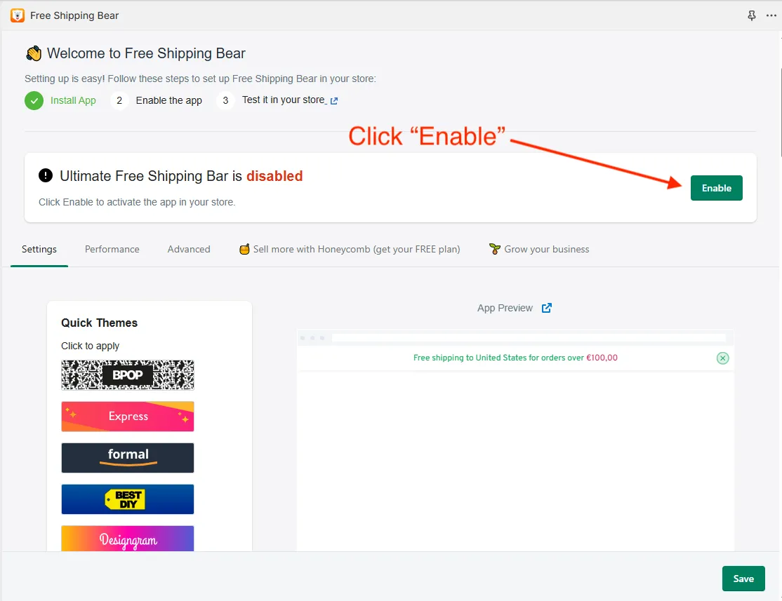 Shopify Free Shipping Bear steps
