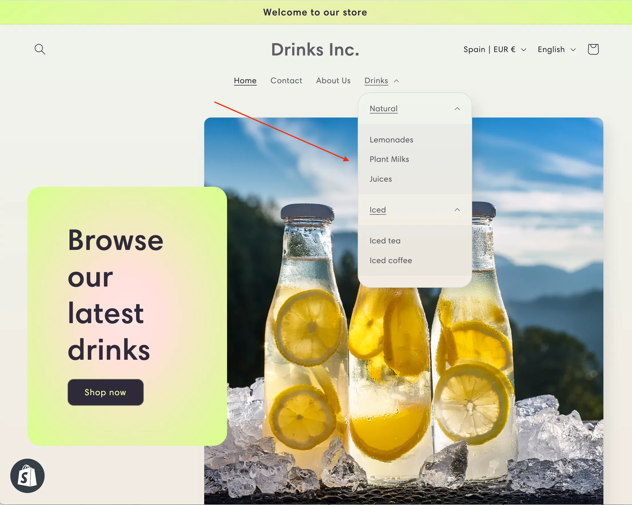 Shopify store 2 level nested menu